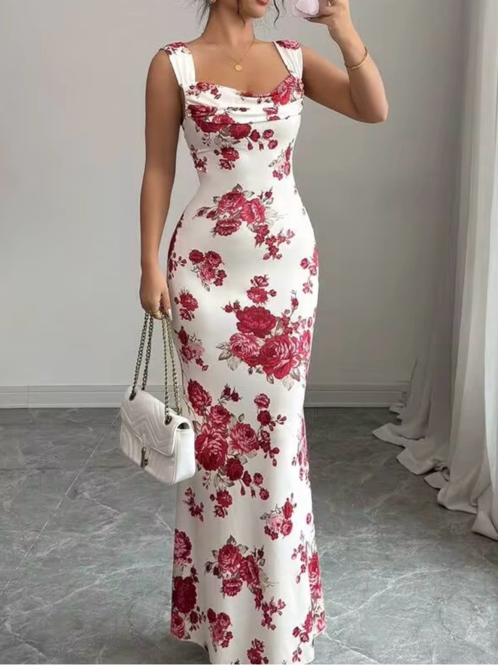 Draped Neck Rose print maxi dress